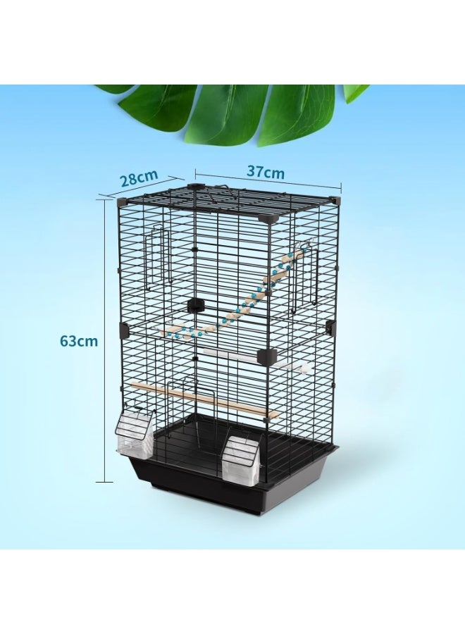 Metal Bird Cage Complete Set with 6 Accessories, Small Birdcage for Parakeets Budgies Lovebirds Canaries and Finches, Portable Parrot Cage with Perches, Feeders, Ladder and Nest, Easy Clean, 37 × 28 × 63 cm, Black - Image 5